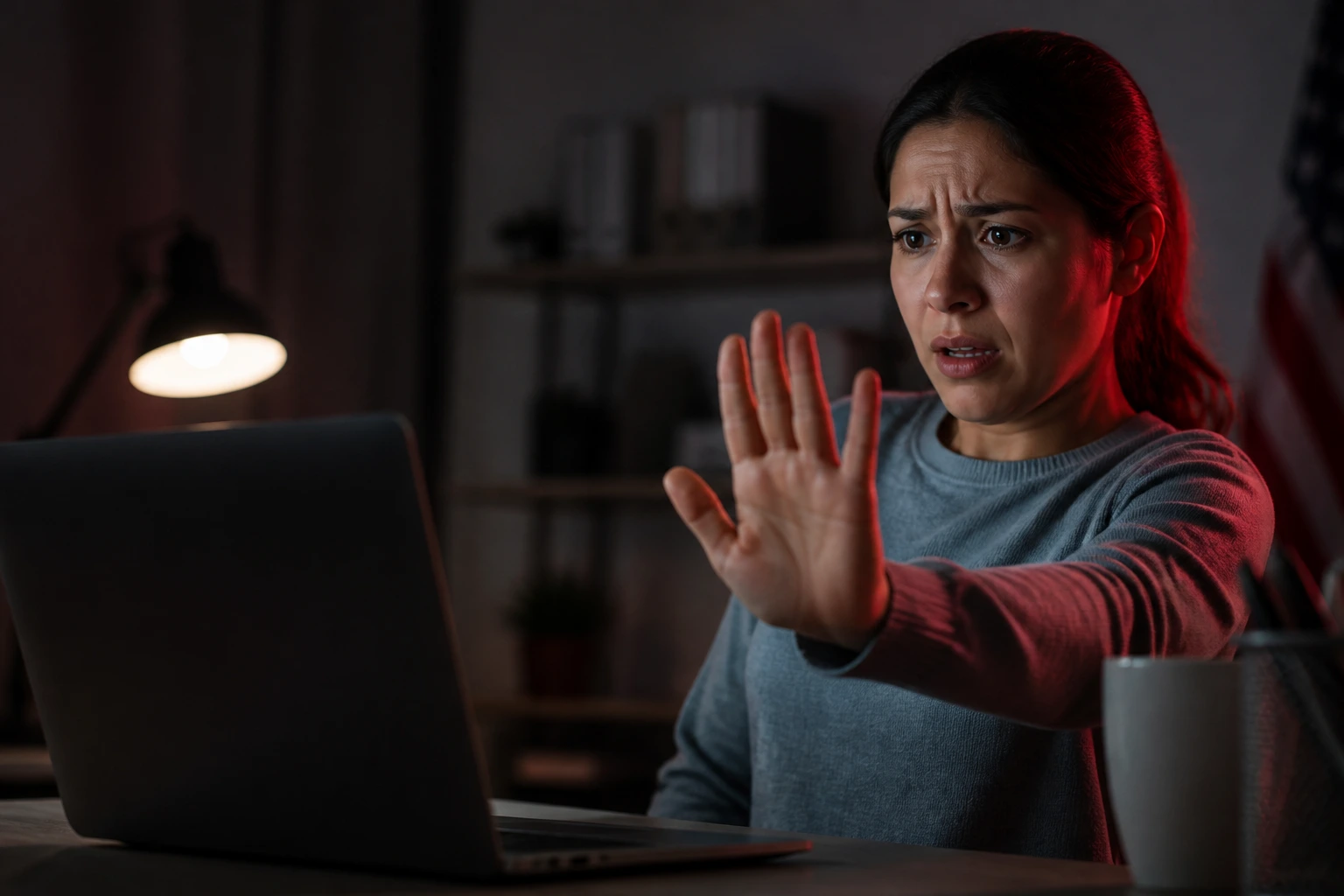 Person backing away from a suspicious online job posting on a laptop.