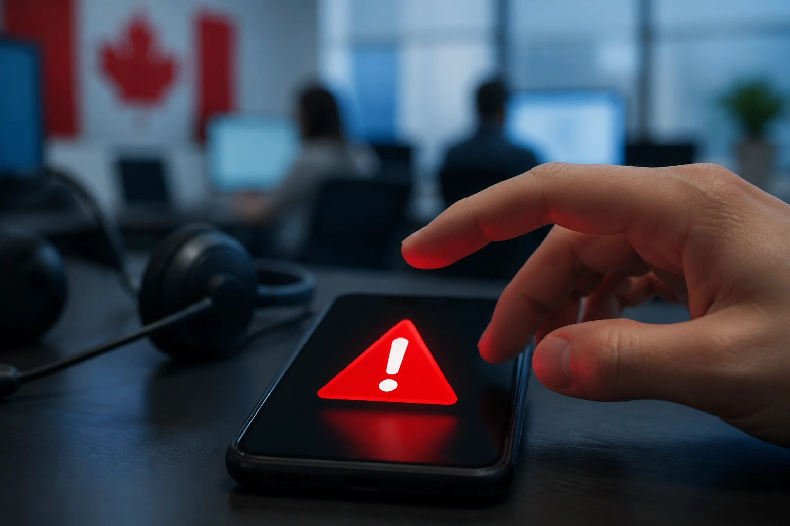 Hand with warning icon on smartphone screen in an office.