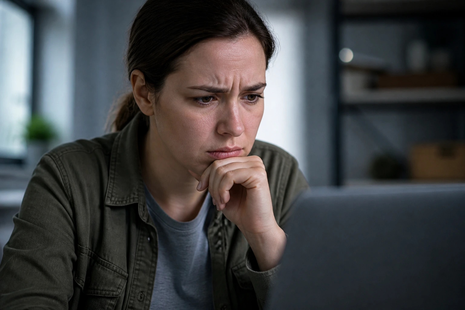 Person wary of scam signs while using a laptop at home