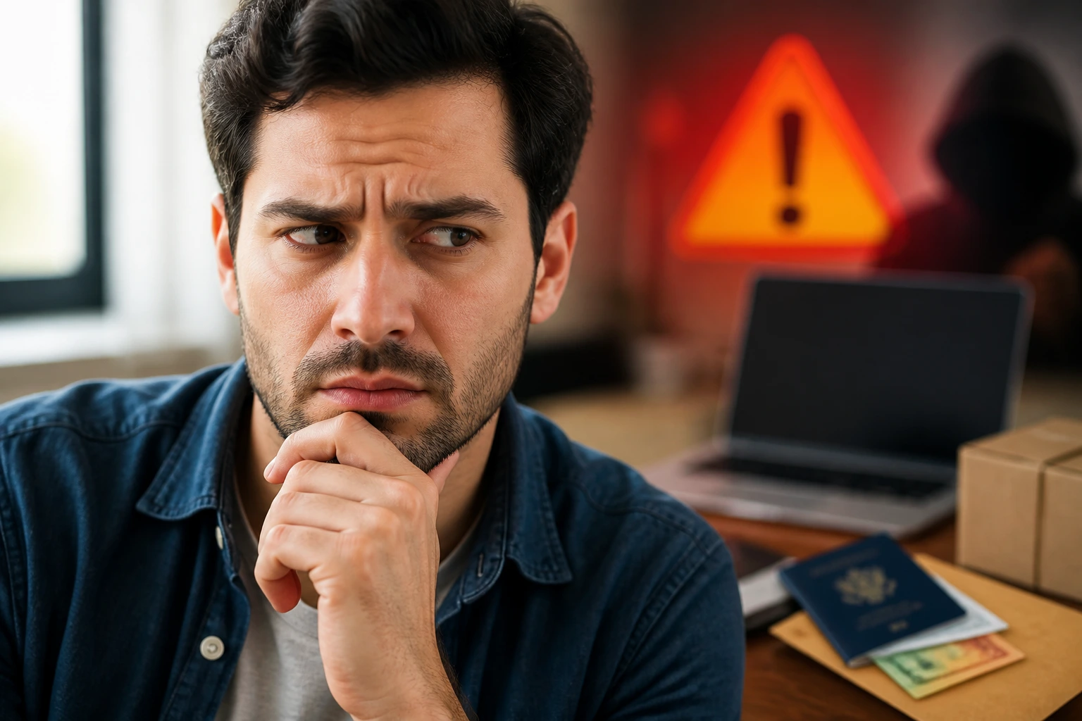 Close-up of a wary job seeker in a home-office, highlighting sponsorship red flags