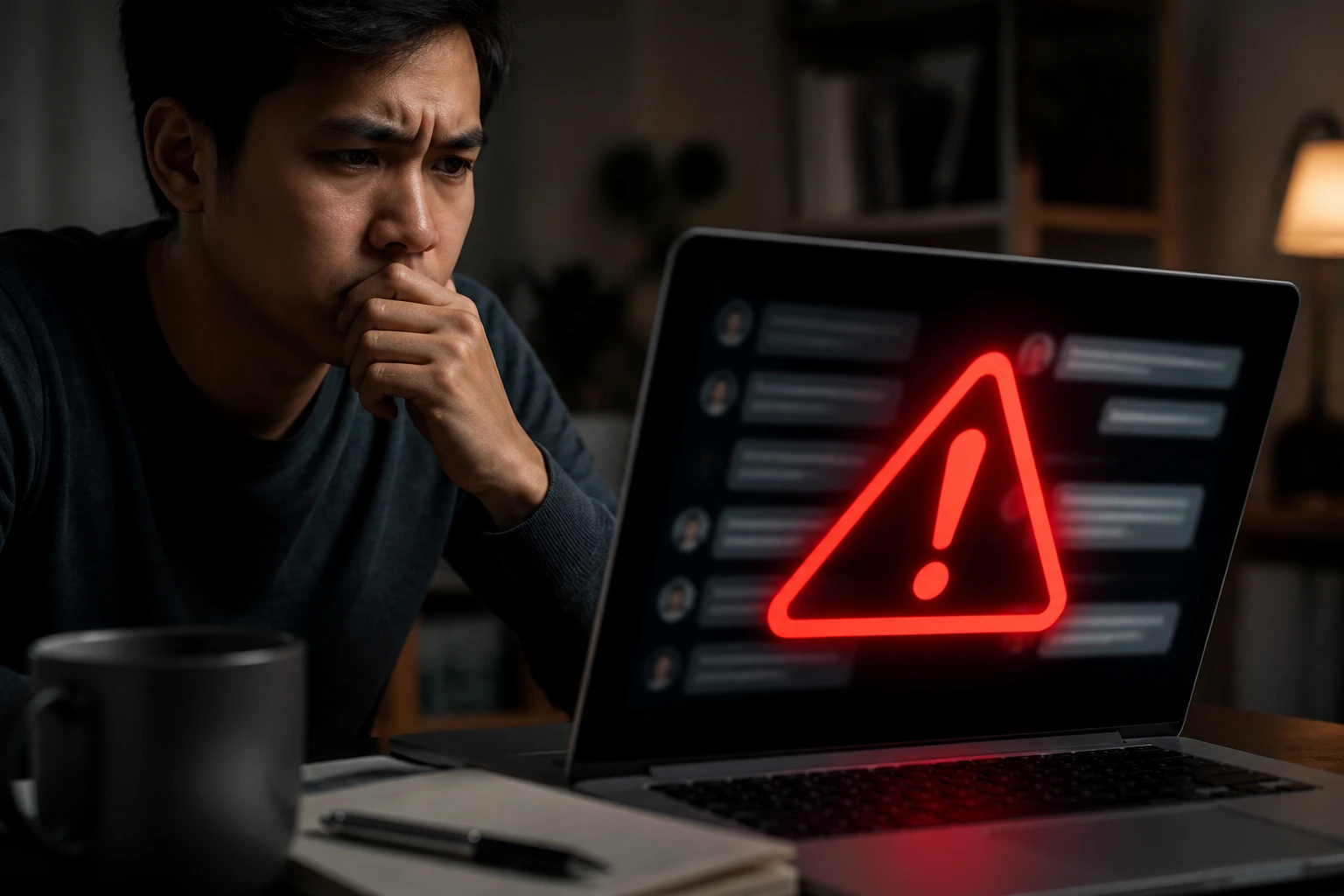 Person spotting a scam on laptop with warning symbol in a dim home office