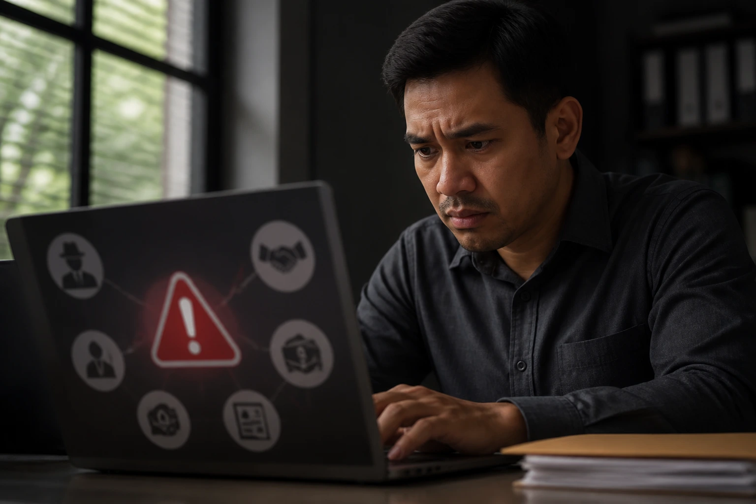 Anxious job seeker considering scam warning signs and illegal recruitment fees in a dim office.