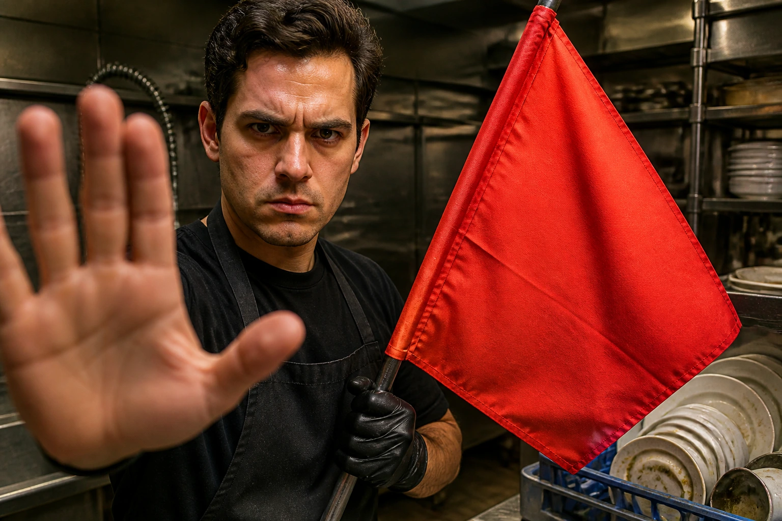 Real person in a kitchen holding a red caution flag signaling scam warnings