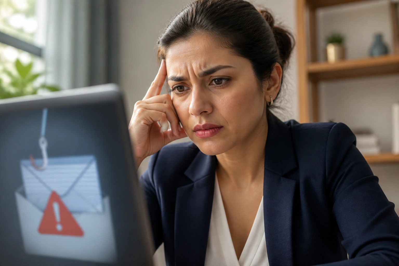 Close-up portrait of a wary professional in a home office examining potential recruitment scams