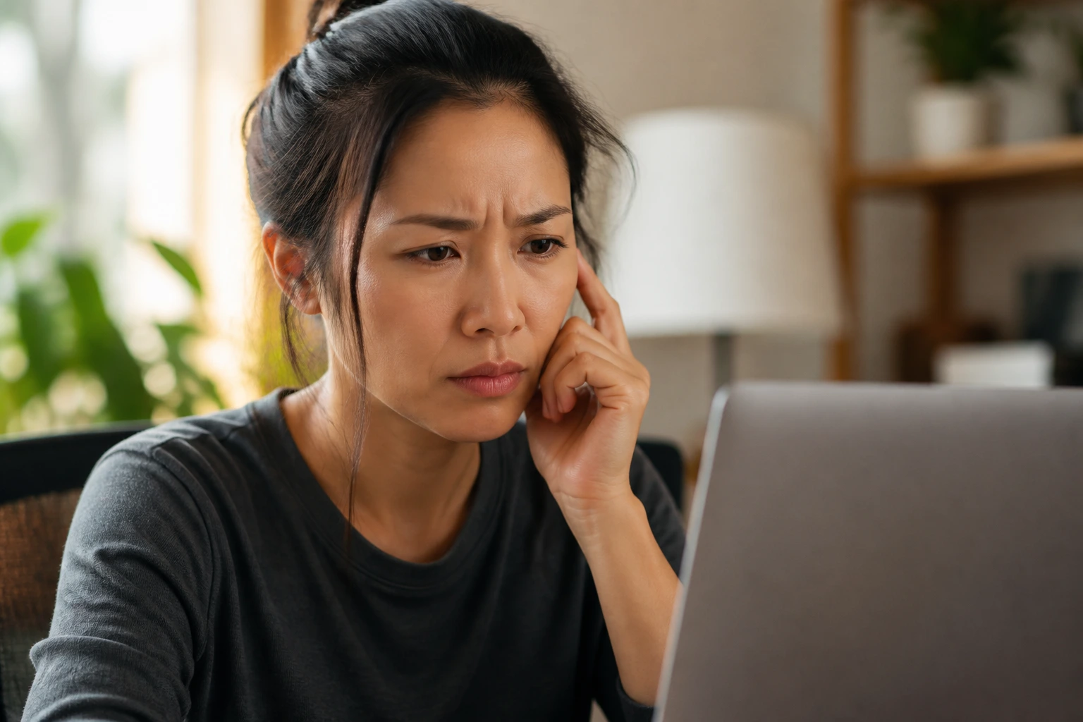 Real applicant wary looking at a laptop, illustrating caution against scams