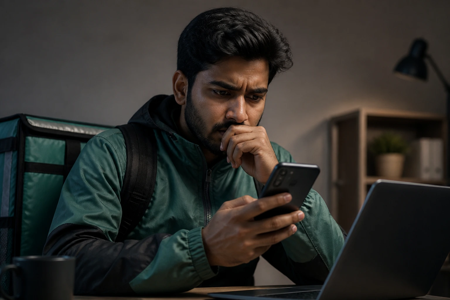 Wary overseas applicant considering a potentially fraudulent delivery rider offer on a smartphone.