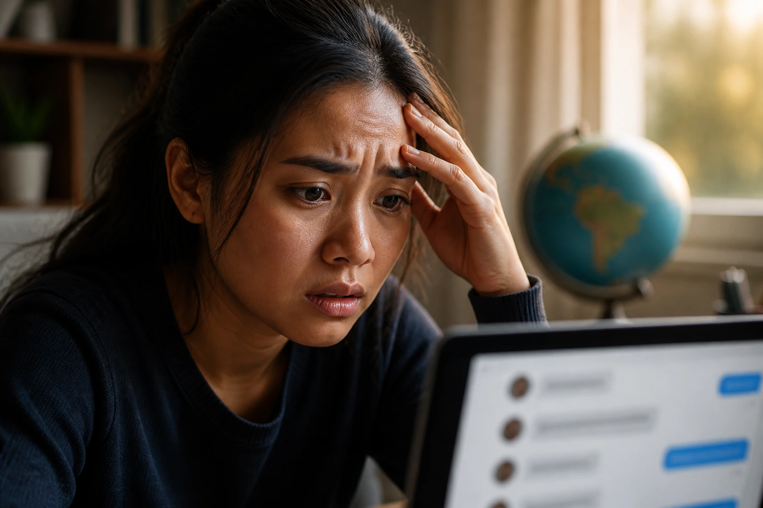 Close-up of worried overseas customer service applicant at home with laptop glow and globe background