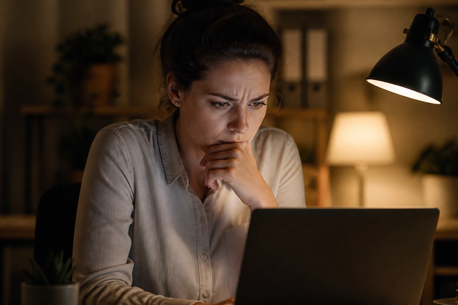 Person cautious about online job scams in a home office,