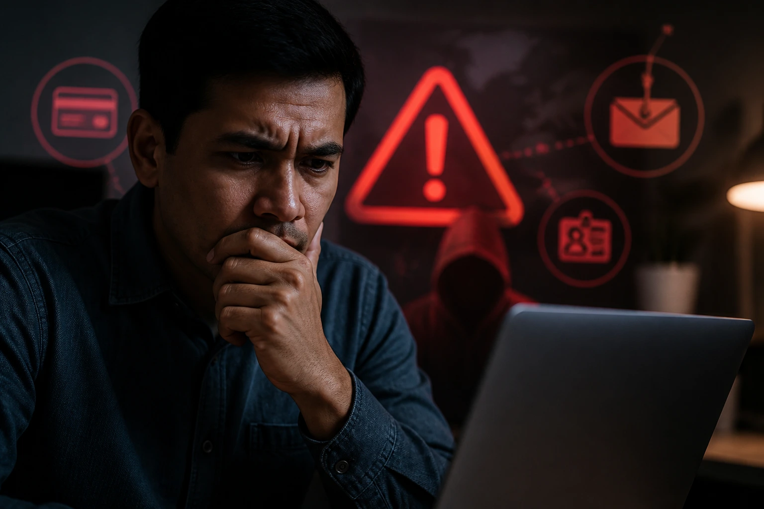 Person wary of scam sponsorship offers on laptop.