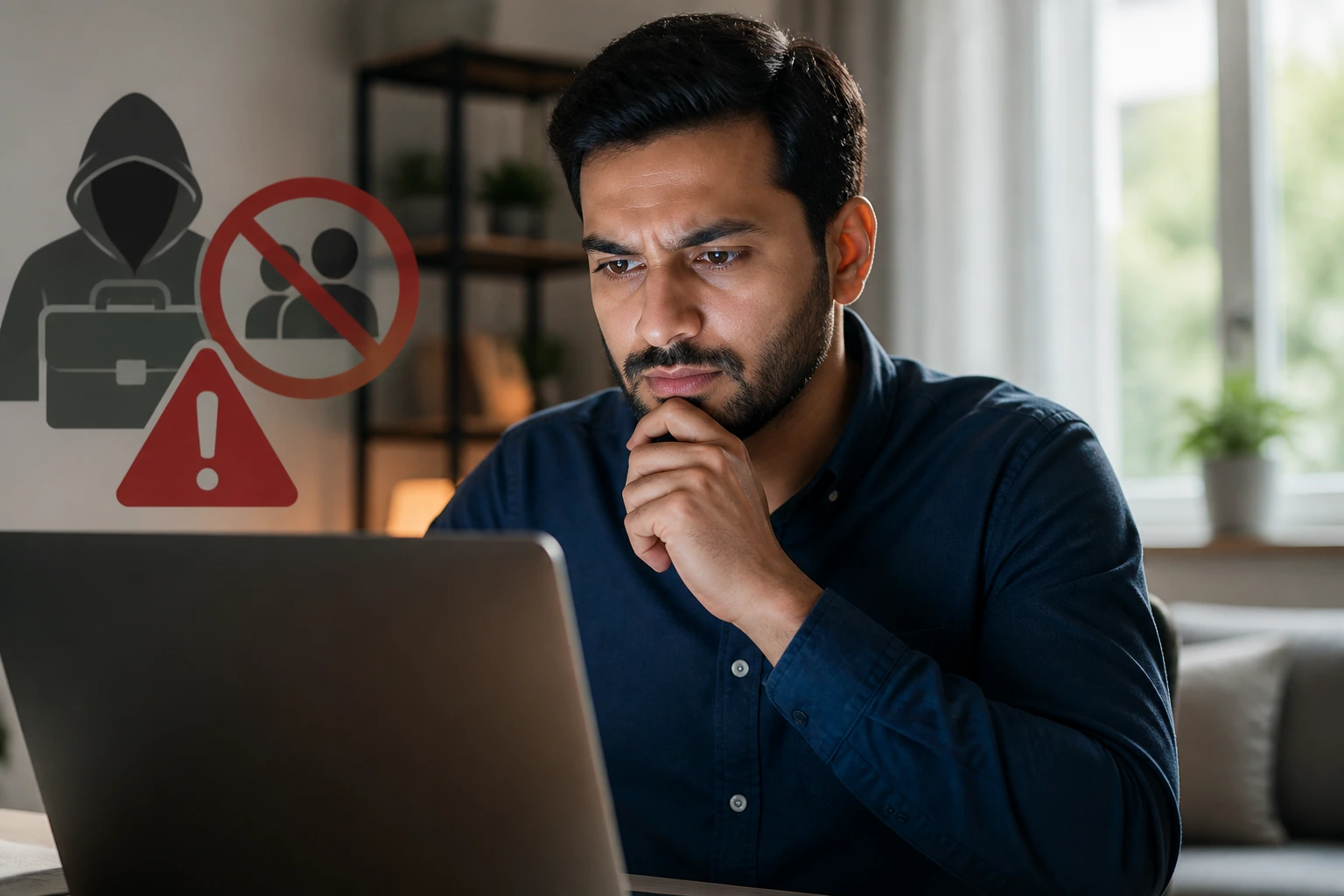 Cautious professional in a home office looking at a laptop