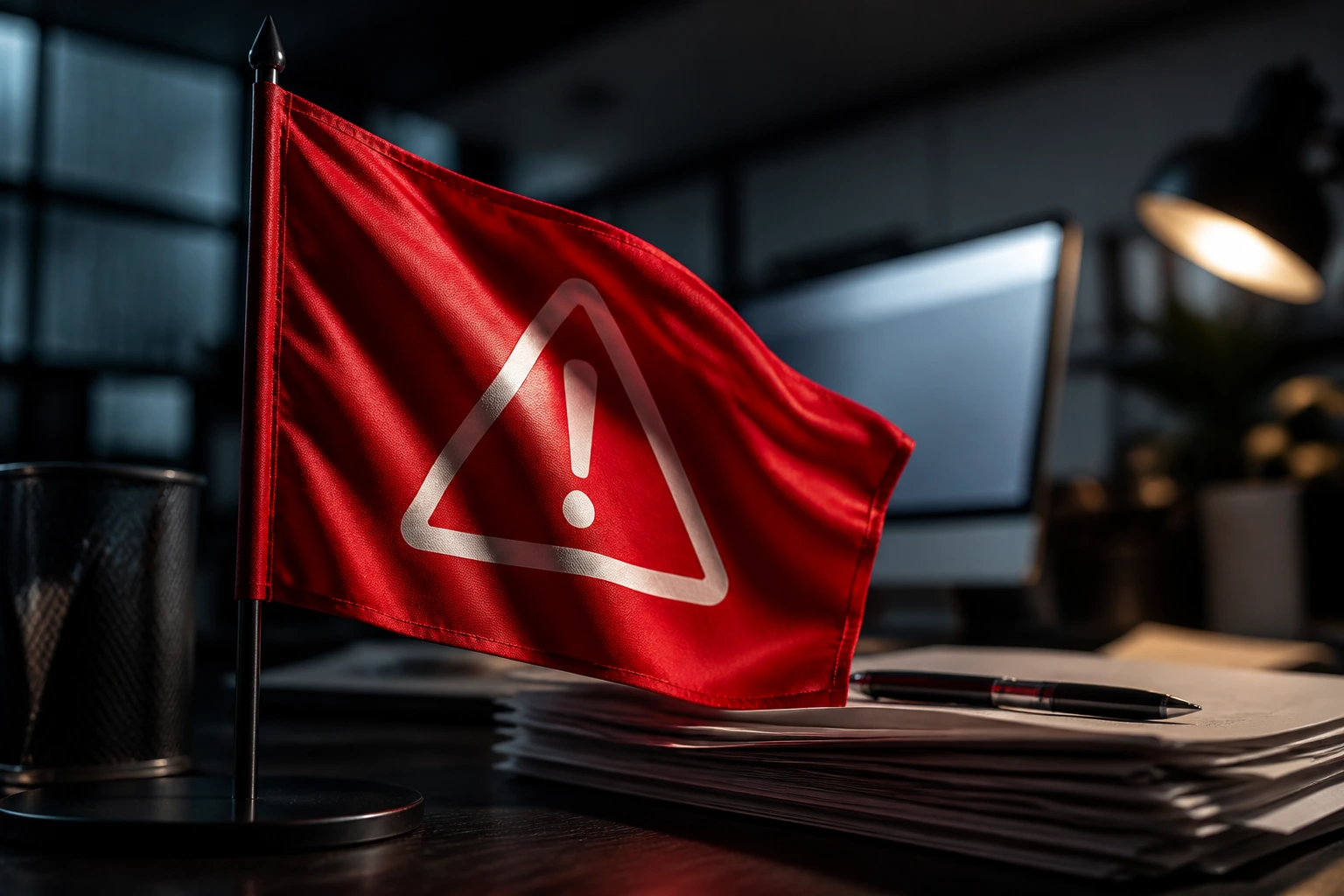 Red warning flag signaling sponsorship scams in a dim office setting
