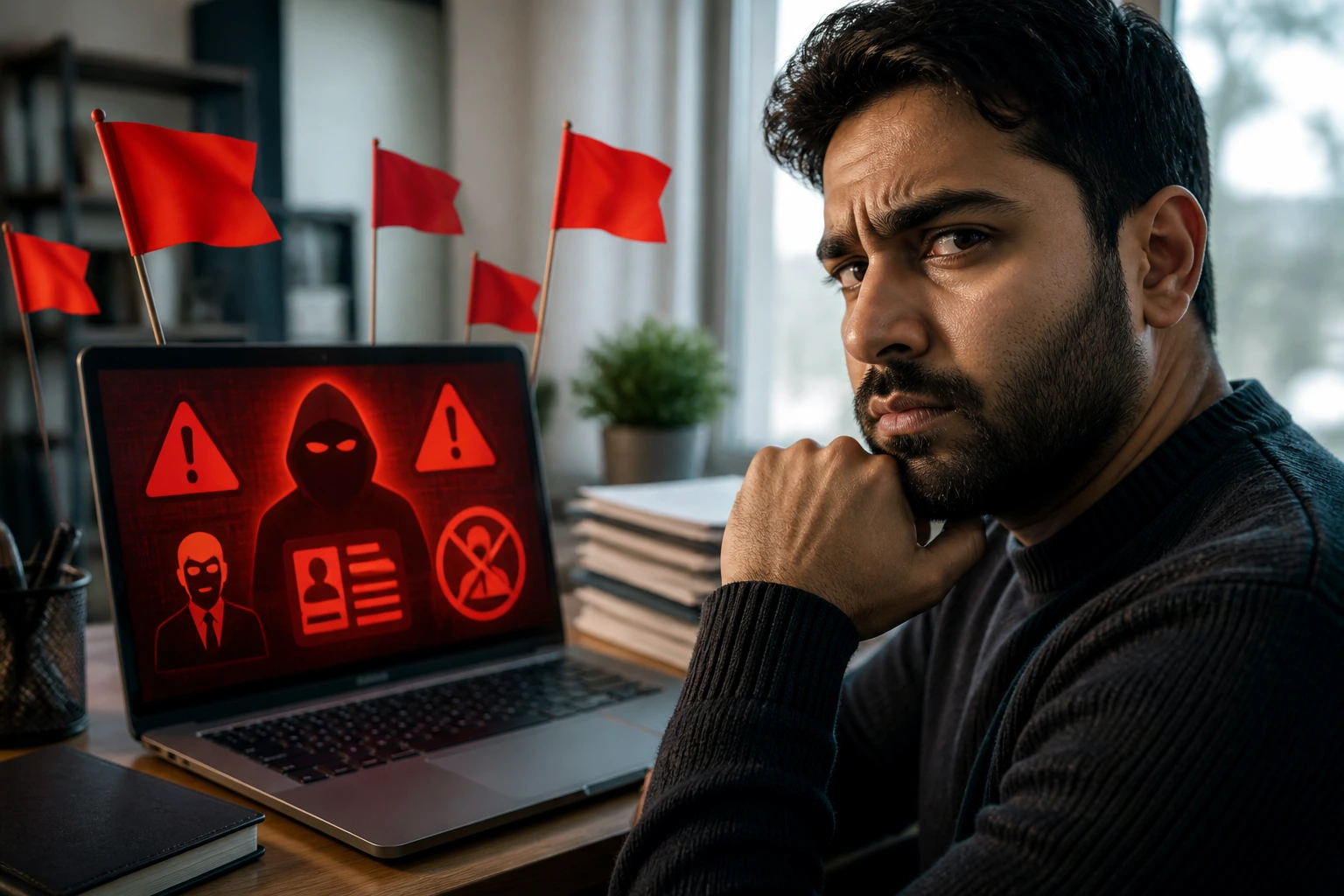 Close-up of a wary job seeker in a home office looking at a laptop with warning icons, symbolizing recruitment scams.
