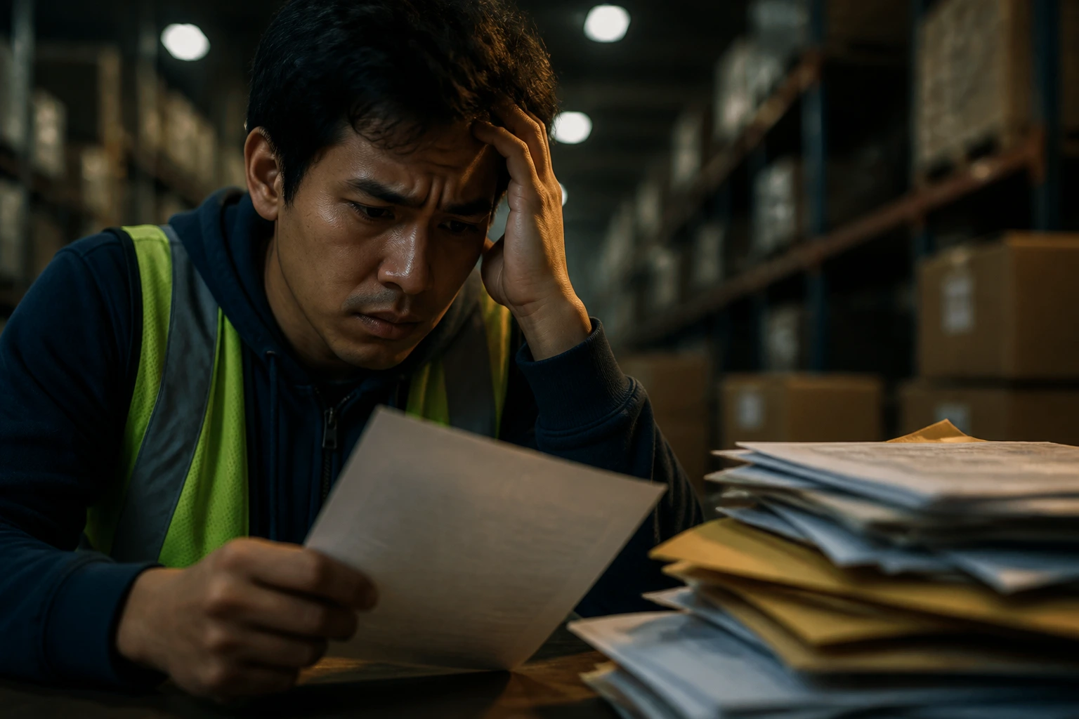 Portrait of a worried job seeker in a warehouse context