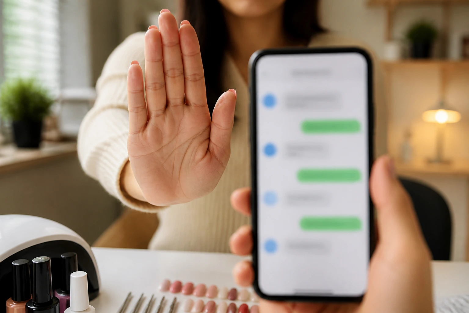 Hand rejecting fake sponsorship offers on phone