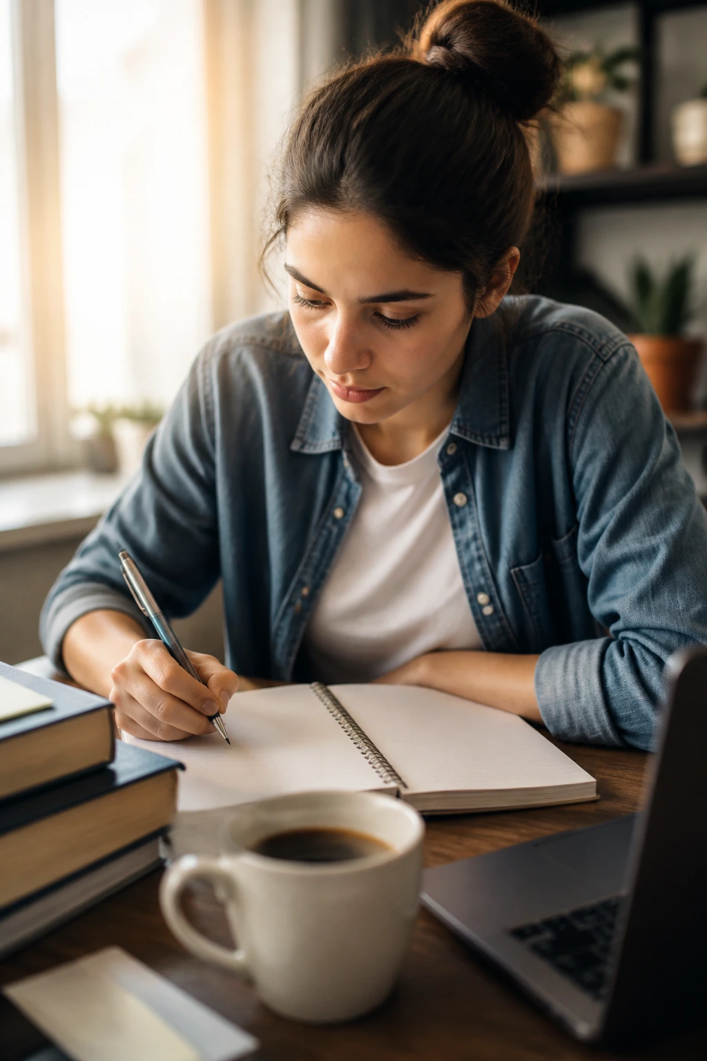 Student crafting a scholarship application with a focused expression