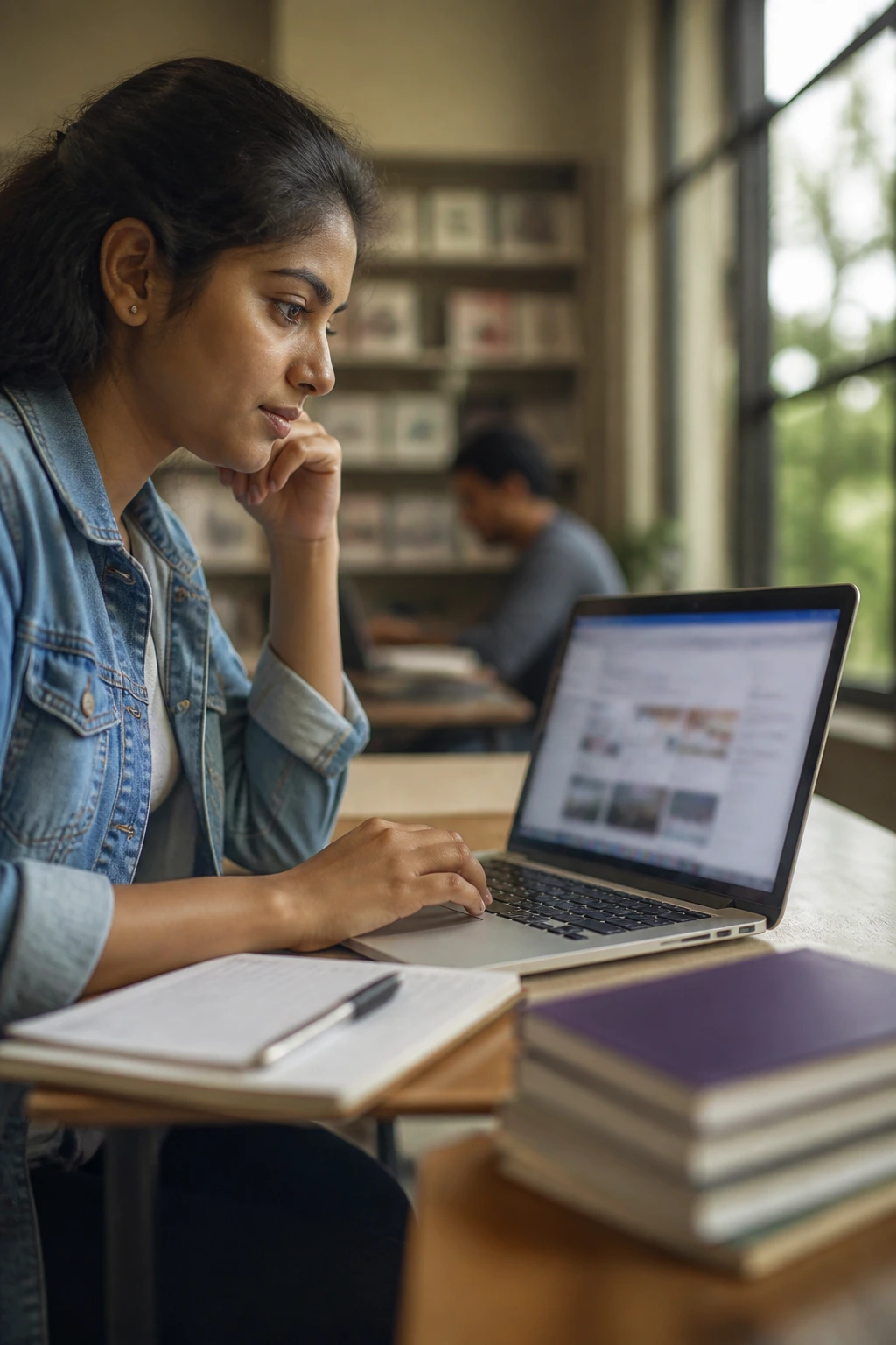 Student using a laptop to search scholarship databases in a quiet study space