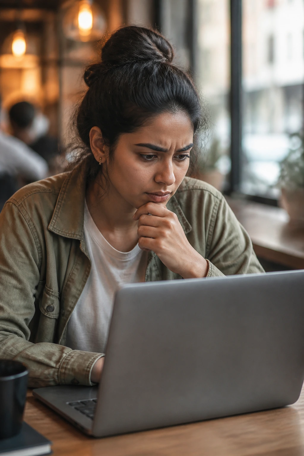 Vigilant student portrait in cafe highlighting scholarship scam awareness