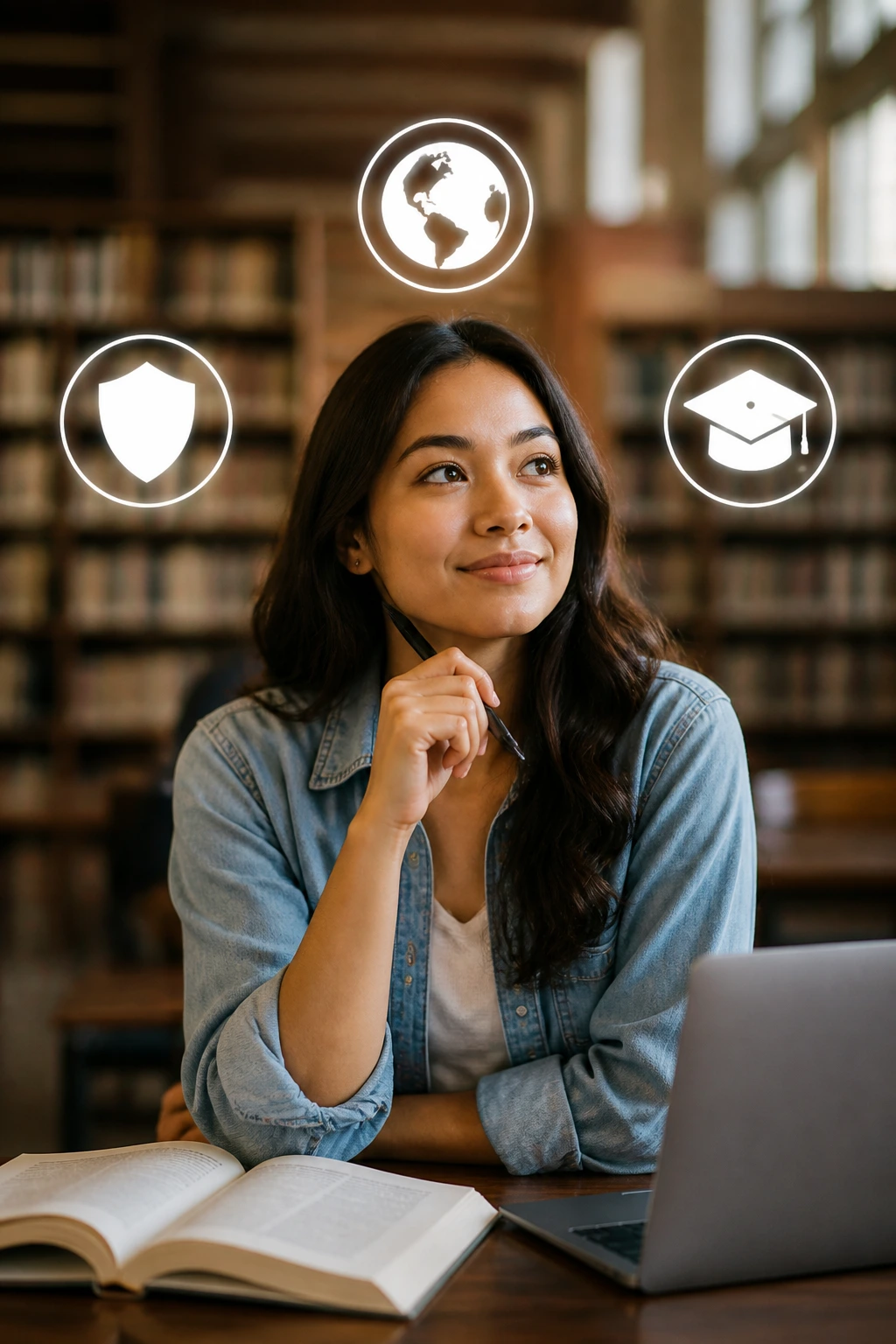 Student evaluating different scholarship types with icons representing categories