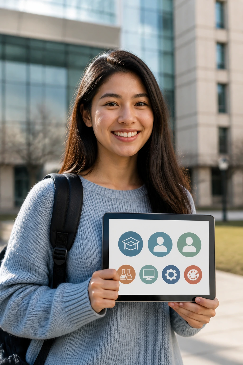 Portrait of a student with tablet on campus representing scholarships for different study levels and fields