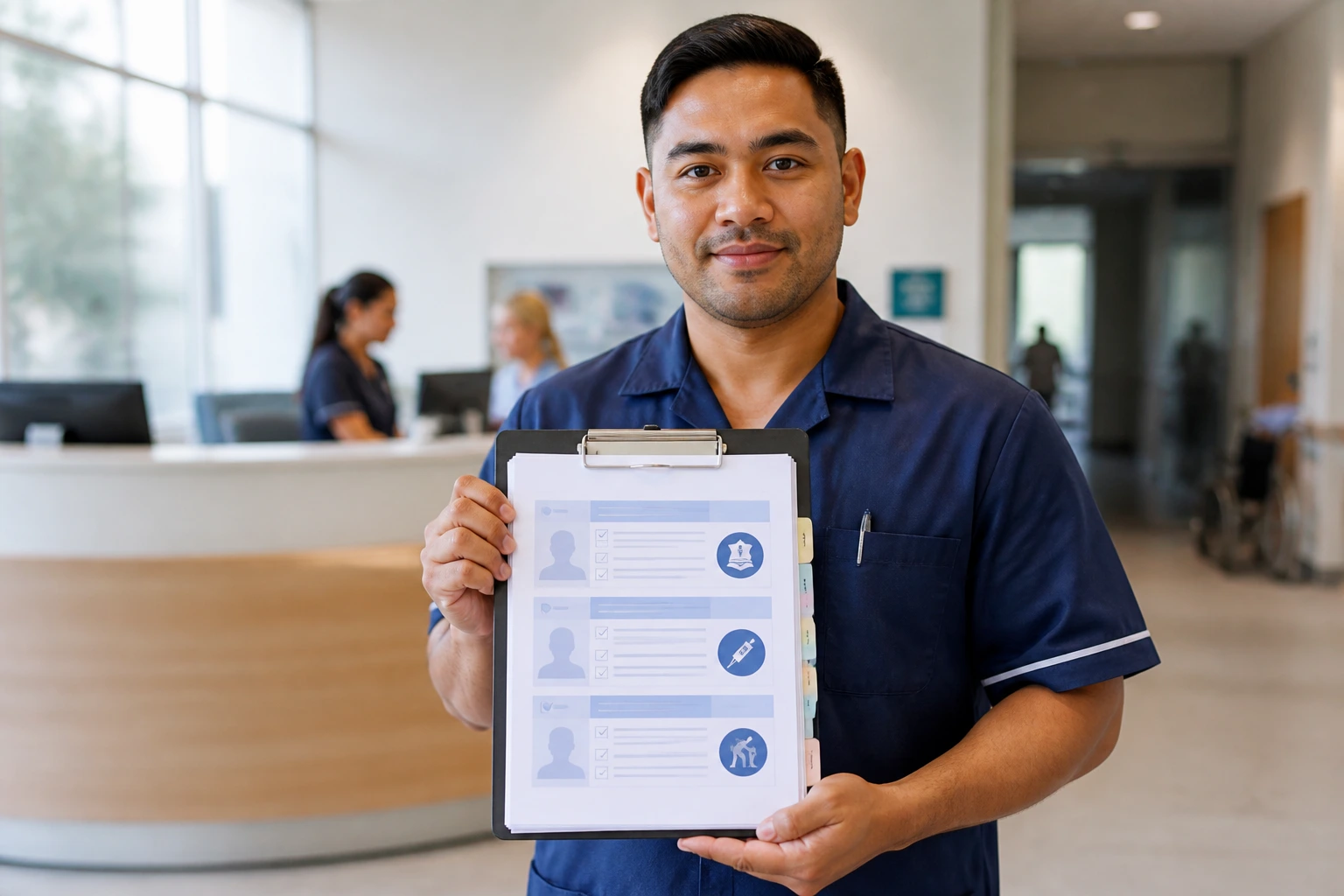 Close-up of hospital support staff reviewing screening forms in reception