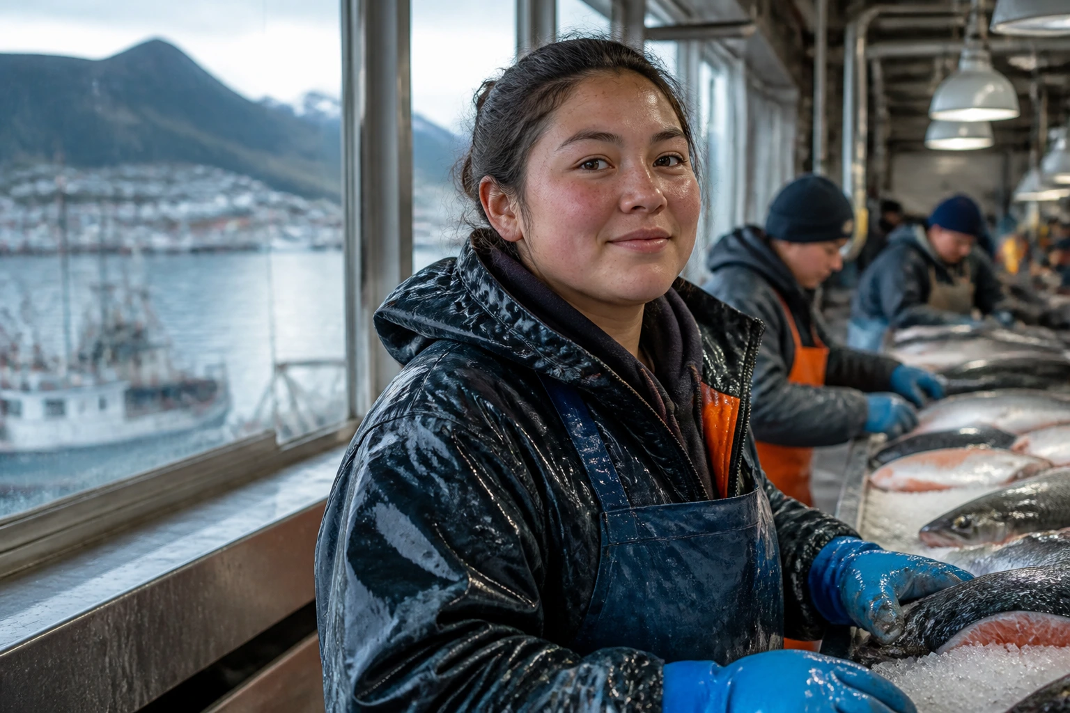 Seafood plant worker in a coastal town setting with harbor view
