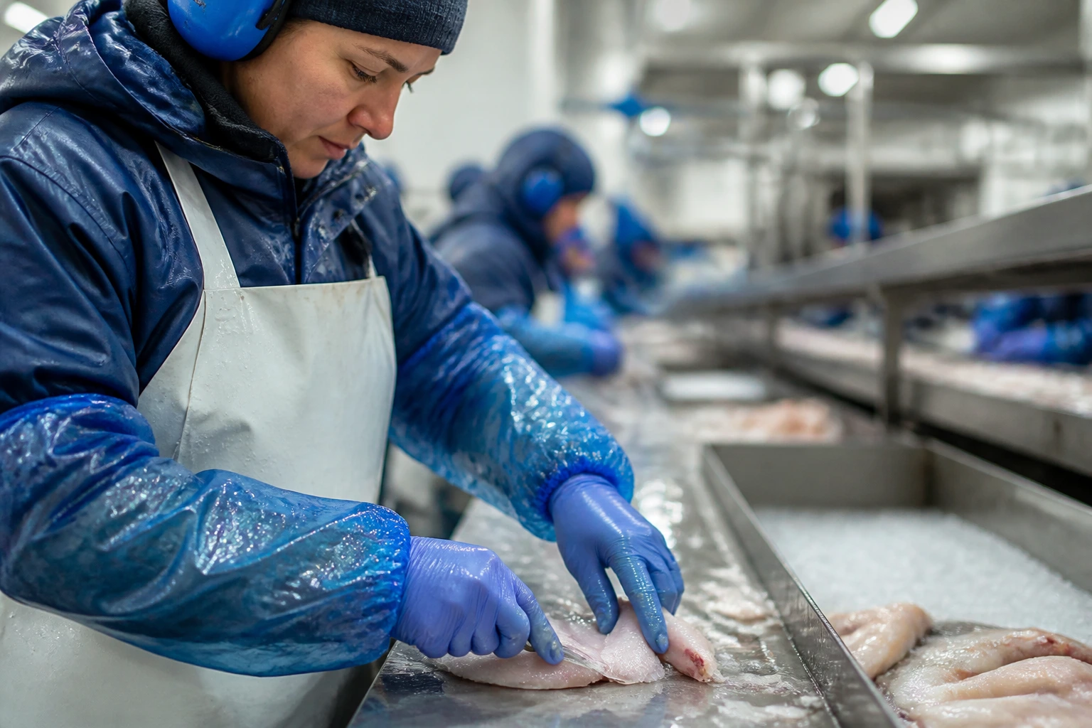 Close-up of a seafood processing line worker in a cold plant, trimming seafood at a station.