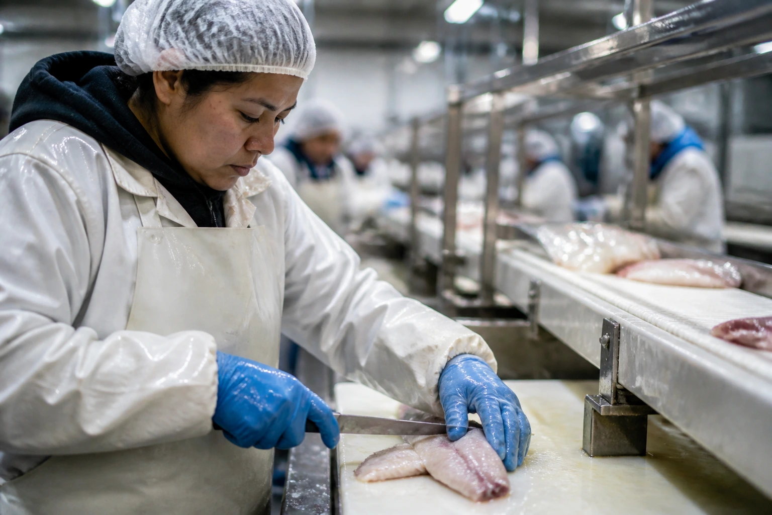 Close-up of seafood processor at work station
