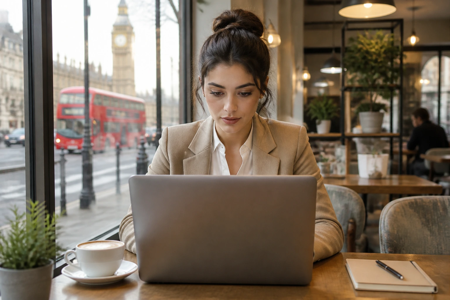 Job seeker in cafe researching sponsorship-enabled hotel receptionist roles