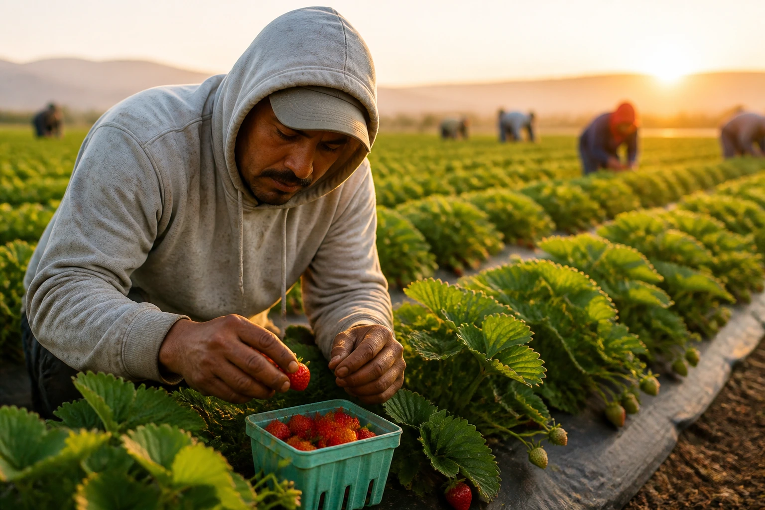 Farmworker harvesting berries in a sunlit field, illustrating seasonal agricultural work.