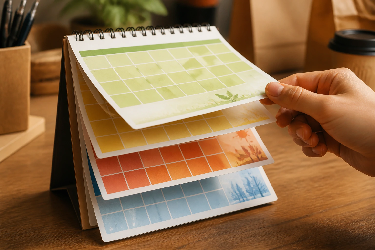 Close-up of a hand flipping a color-coded seasonal calendar on a desk; no text visible.