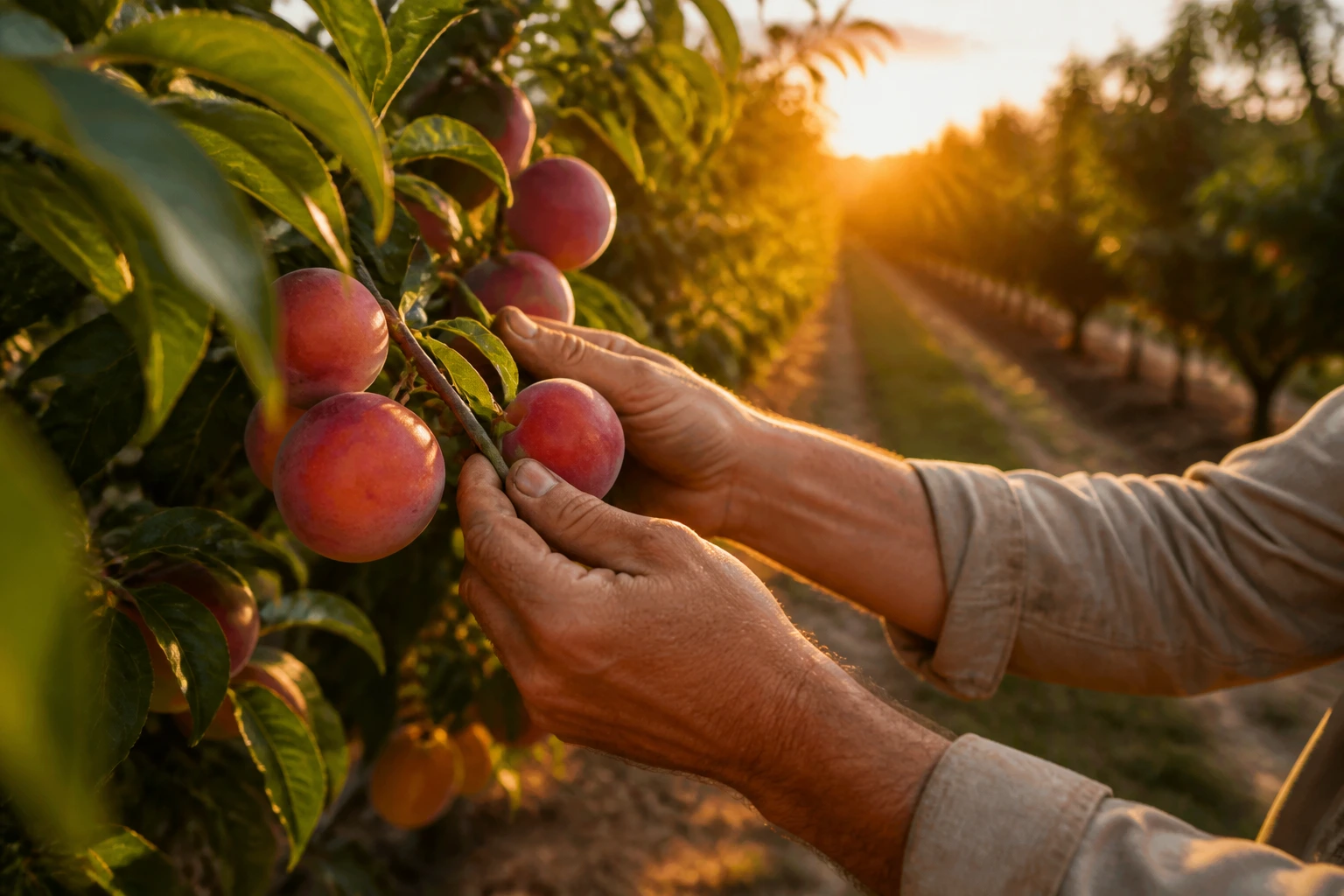 Close-up of farm worker's hands picking fruit in Australian orchard