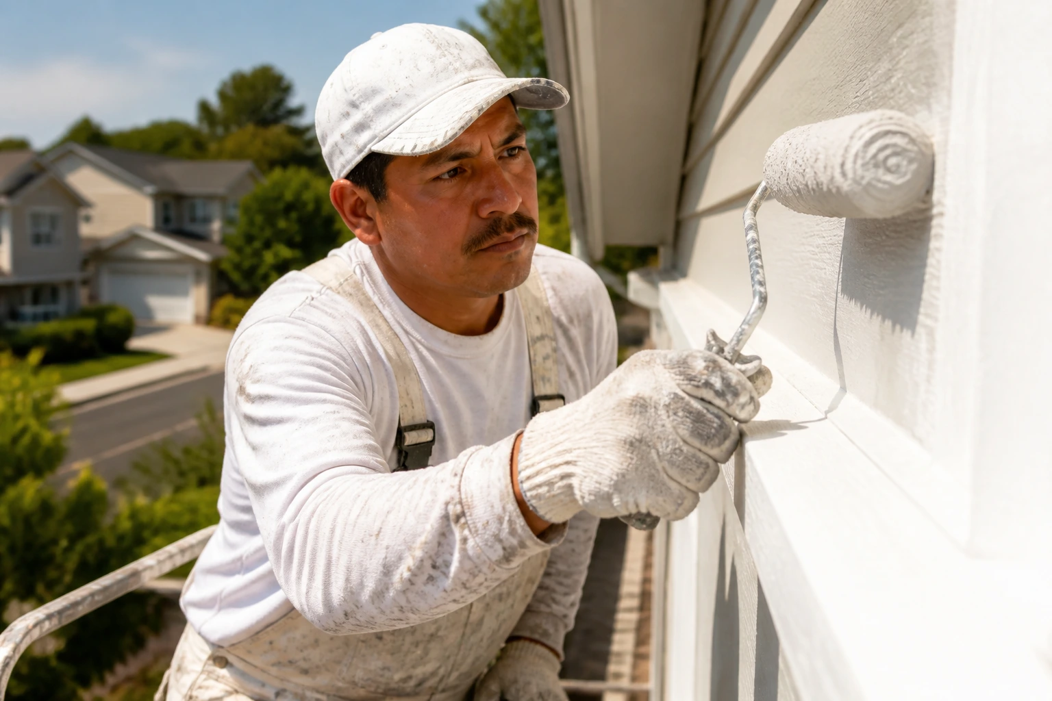 Painter on a ladder painting exterior in daylight, representing seasonal visa sponsorship.