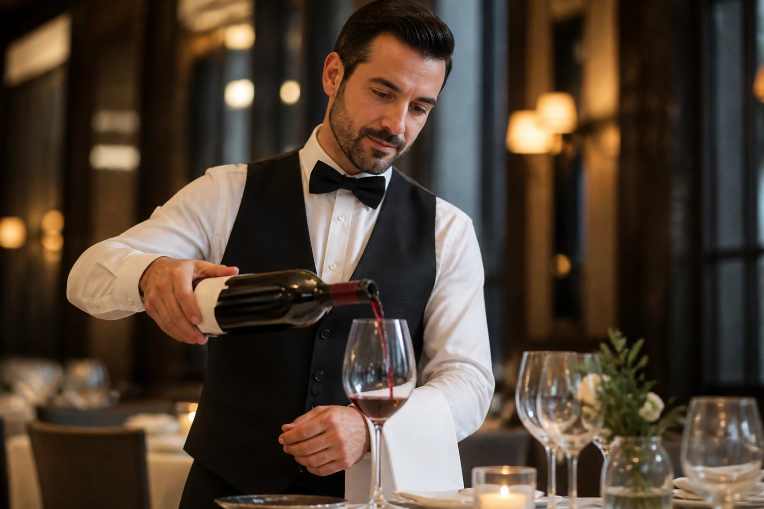 Seasoned waiter performing wine service in a high-end restaurant