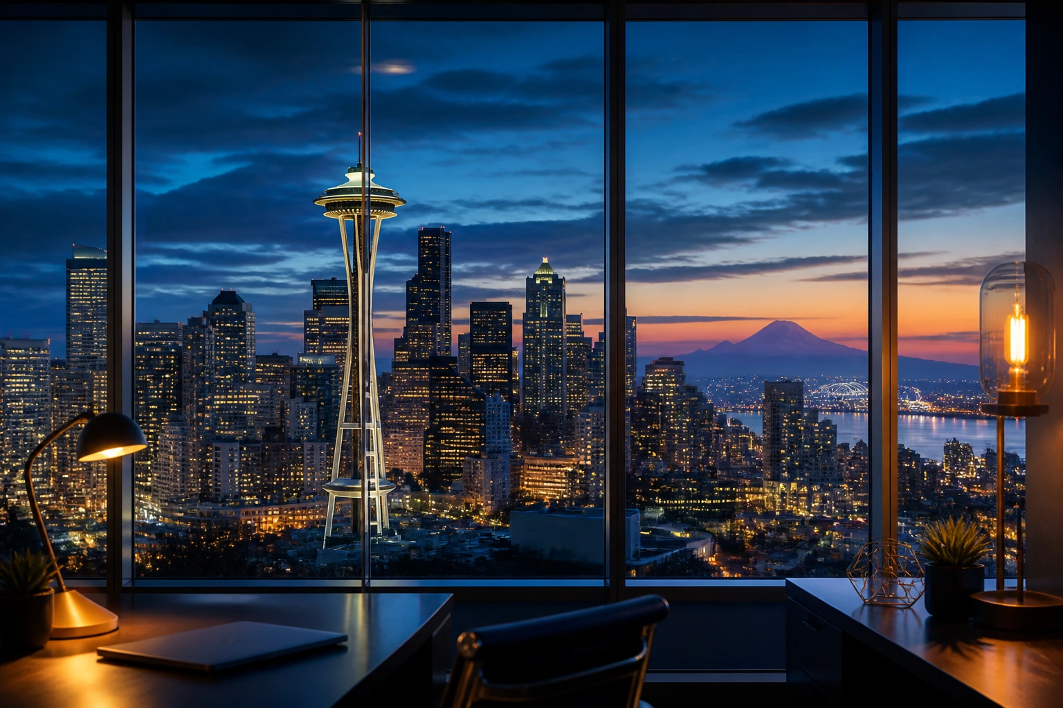 Downtown Seattle skyline with Space Needle at dusk