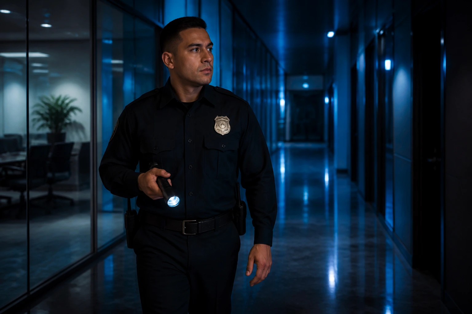 Security guard on night shift walking a corridor.