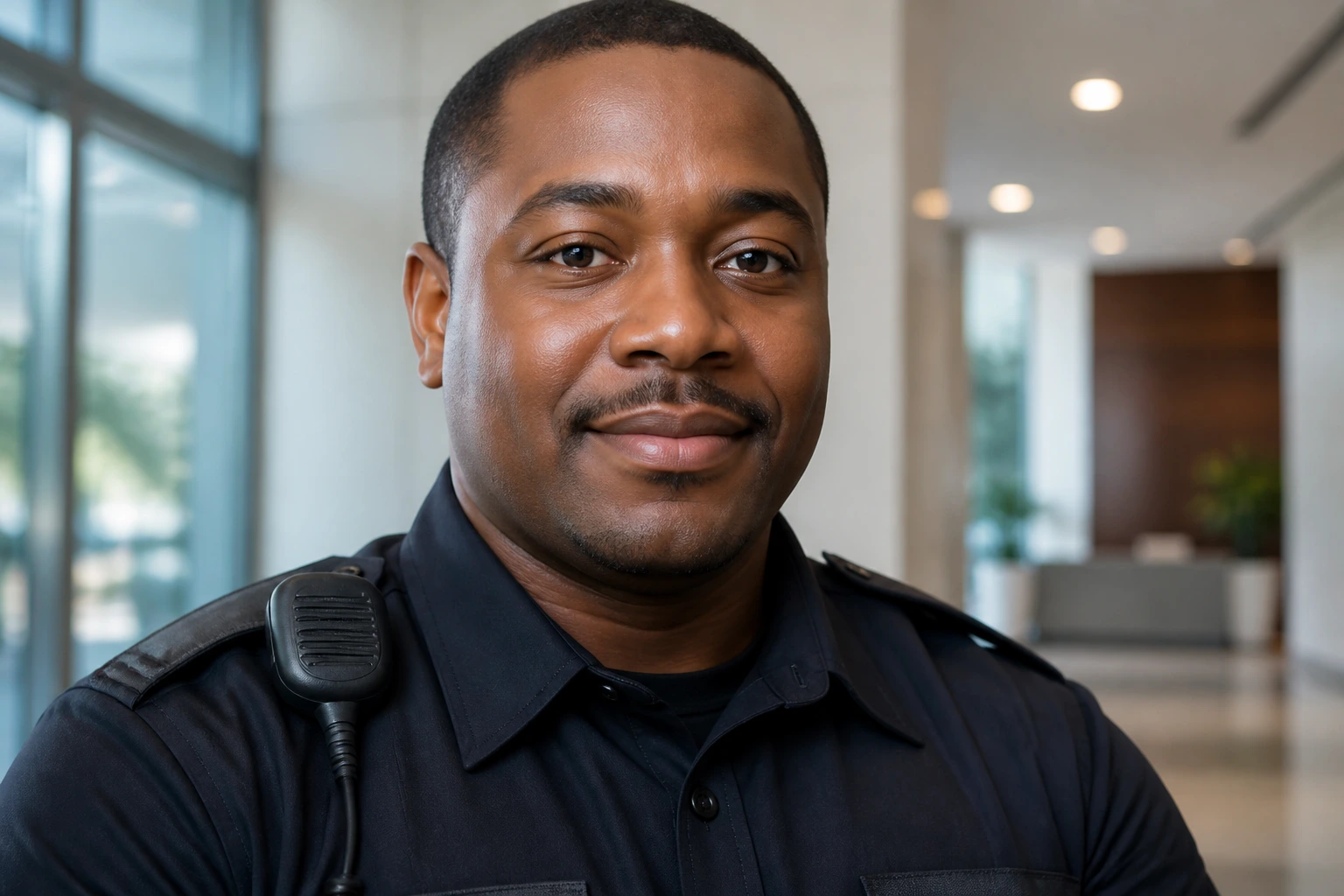 Guard portrait emphasizing reliability, calm demeanor, and communication