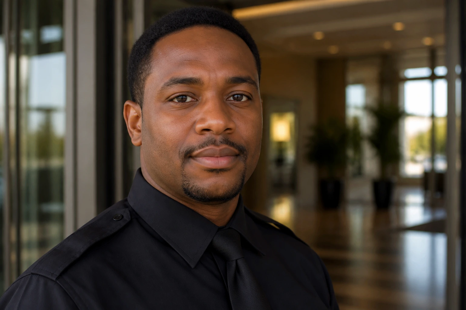 Close-up portrait of a security guard in uniform at a building entrance, sponsorship context implied