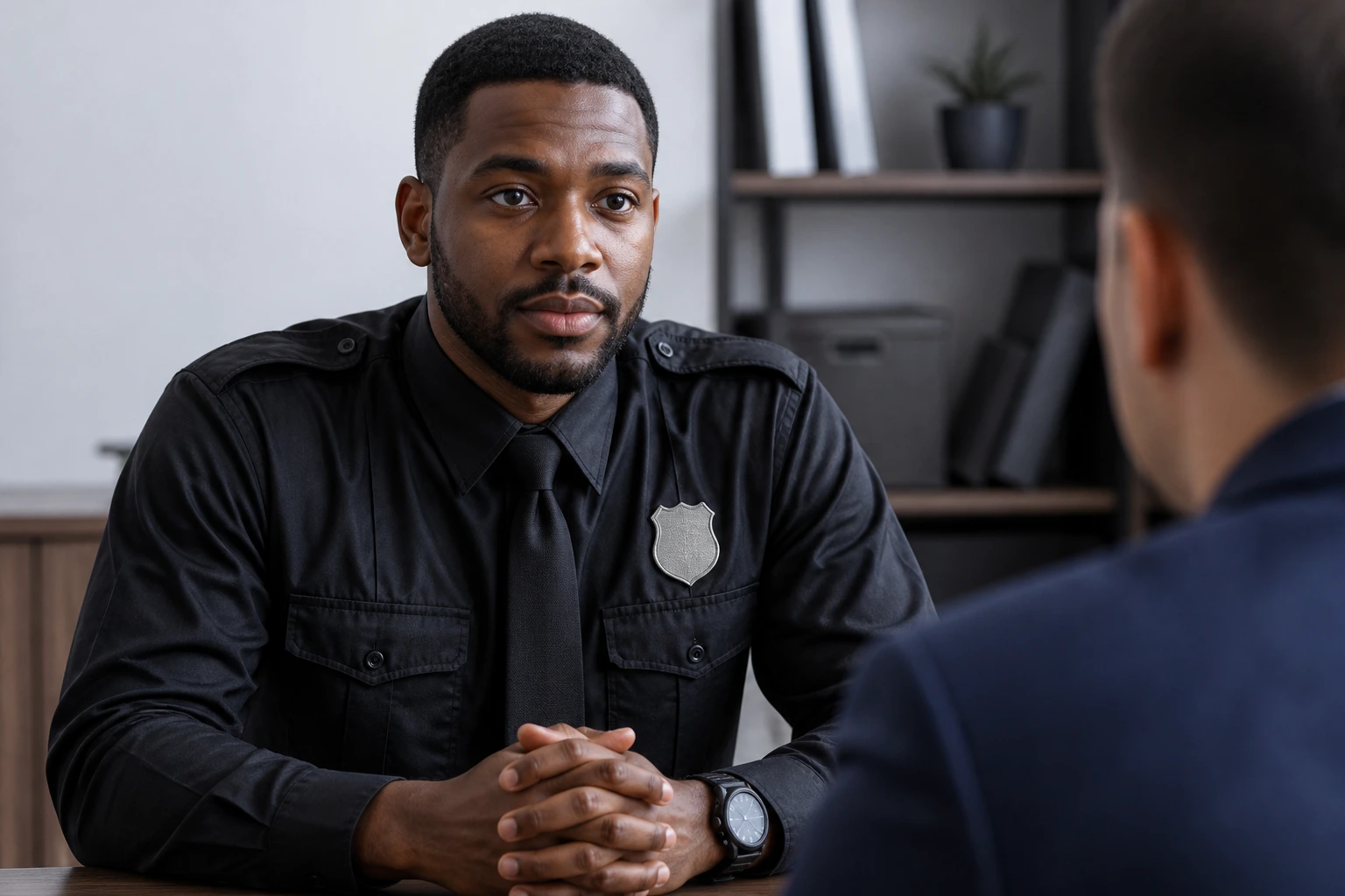 Candidate answering interview questions in a security job interview.
