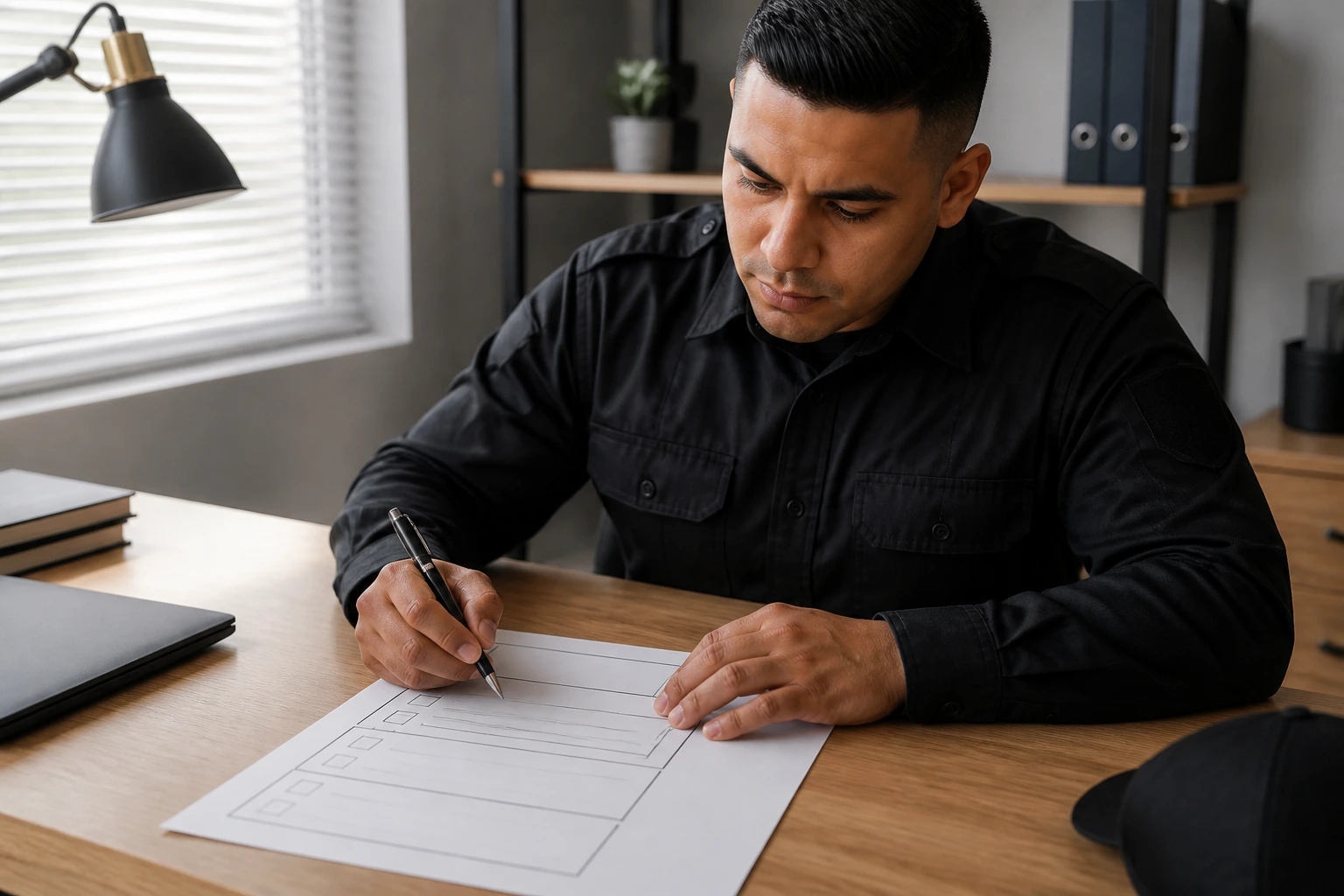 Person reviewing a blank resume outline for security guard work.