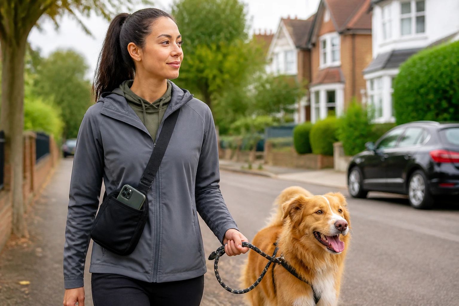 Self-employed dog walker on a suburban street