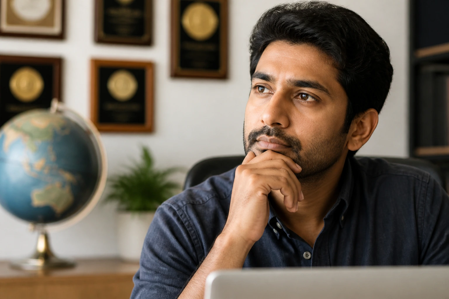 Professional contemplating alternative green card paths in an office