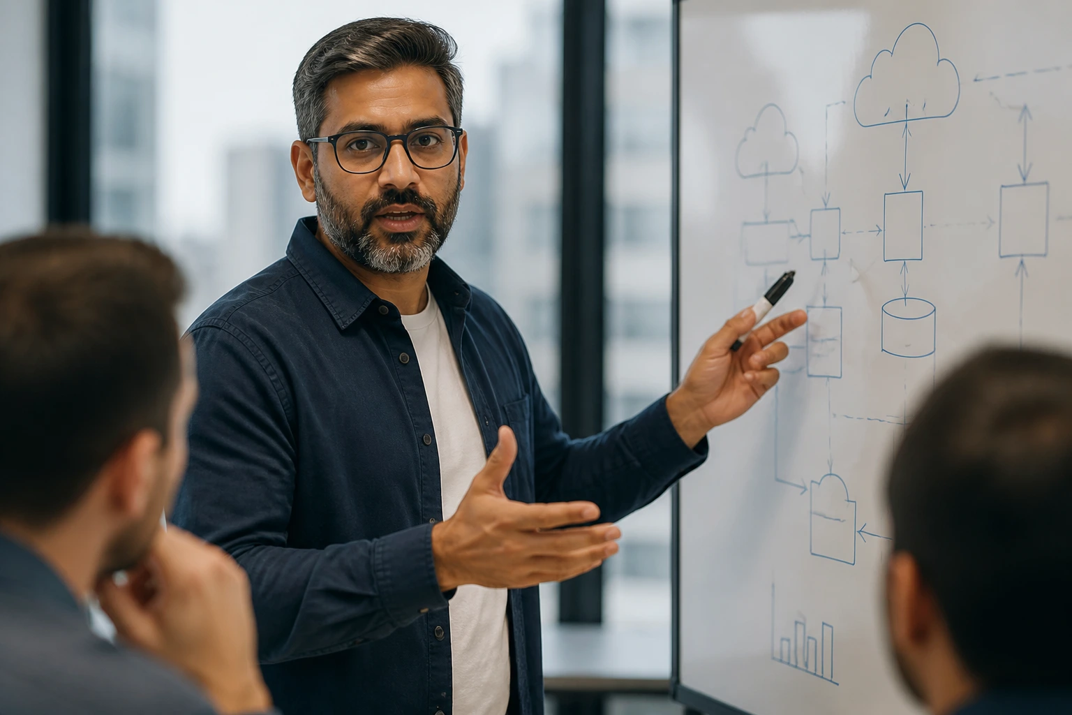 Senior cloud architect gesturing at abstract diagrams during an interview in a conference room