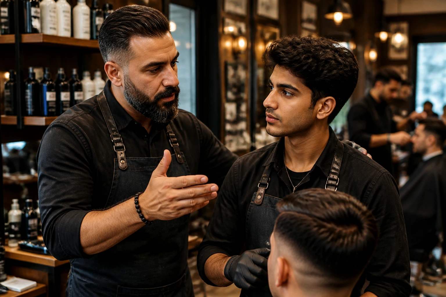 Senior barber mentoring a trainee in a salon to highlight sponsorship-ready roles.