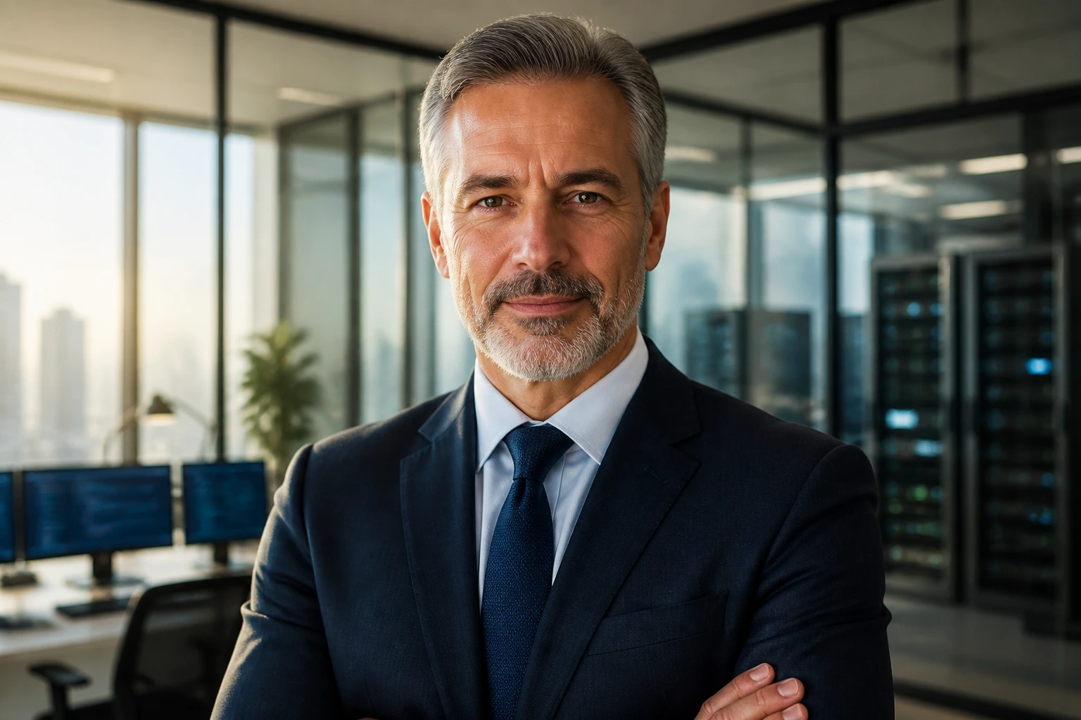 Senior professional in a modern office representing industries that sponsor senior talent