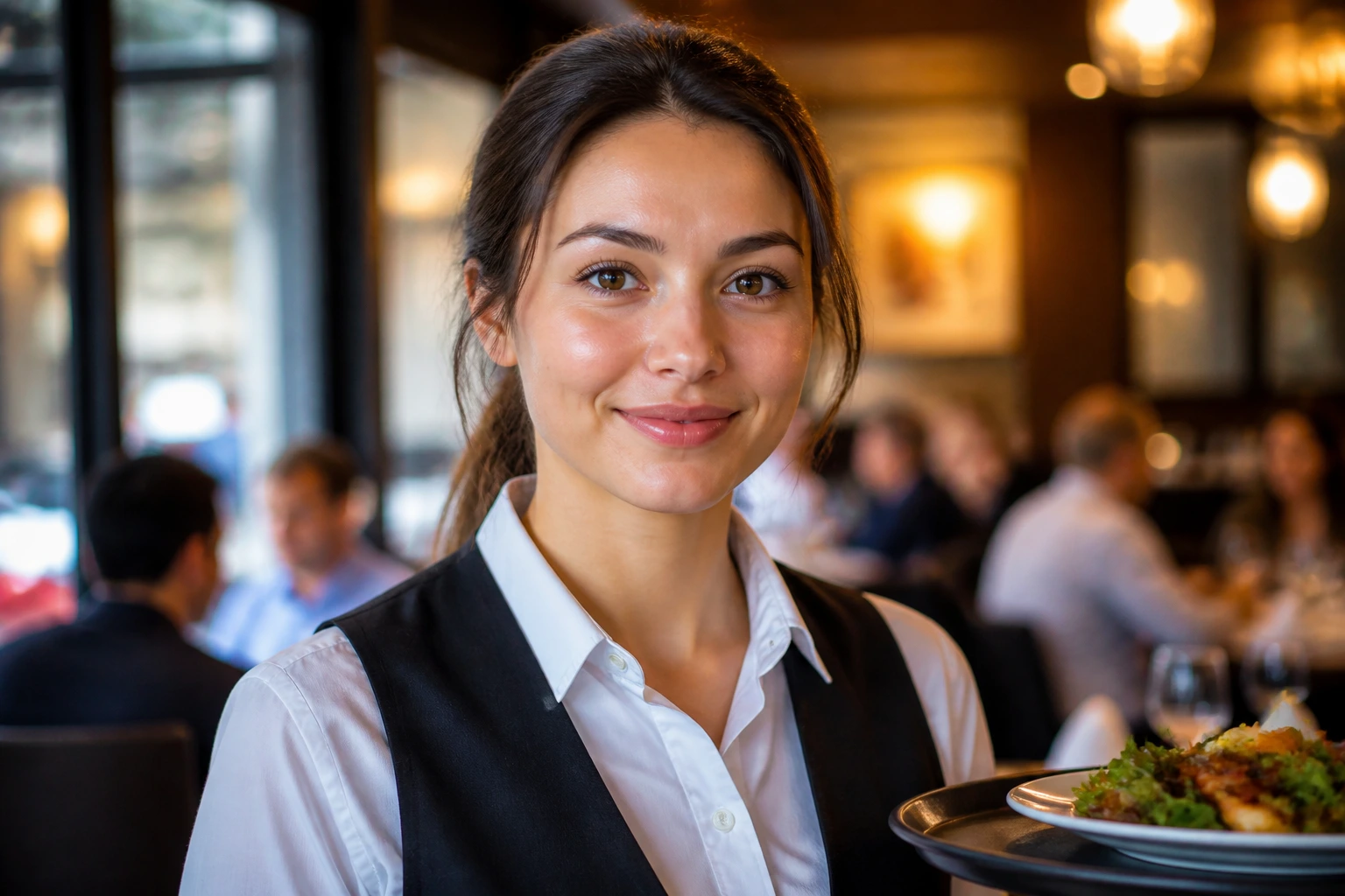 Portrait of a Canadian restaurant server in uniform in a warm dining room