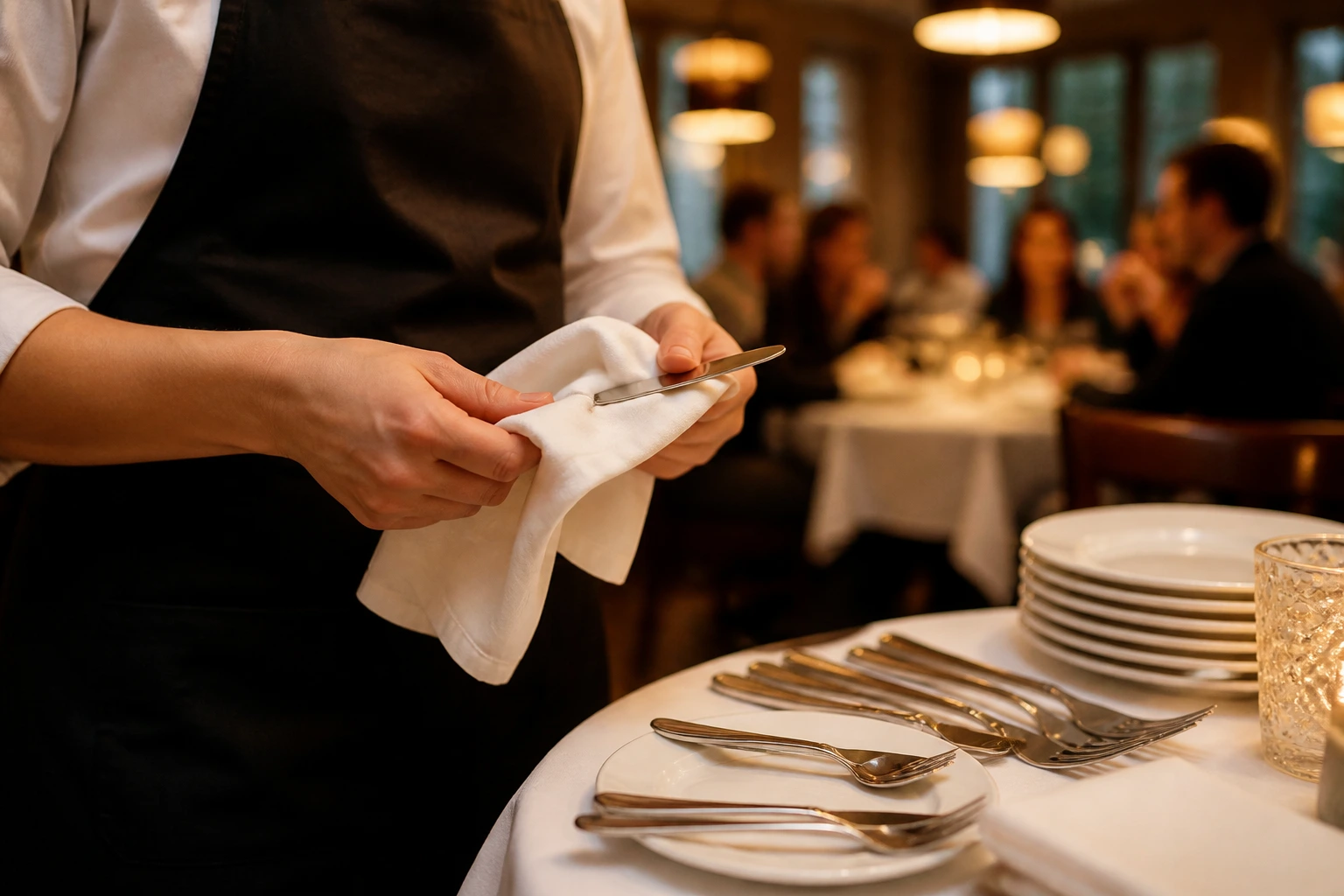 Close-up of a server's hands polishing cutlery in a restaurant setting