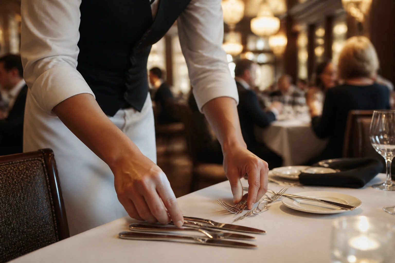 Close-up of server hands arranging silverware at a busy restaurant table