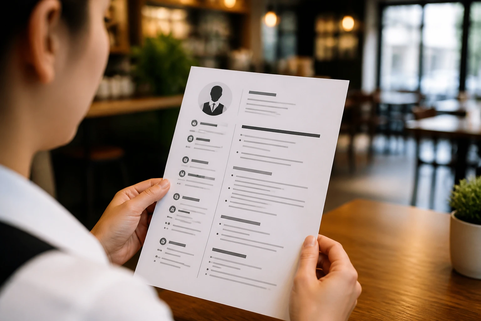 Real person presenting a resume in a cafe or office setting