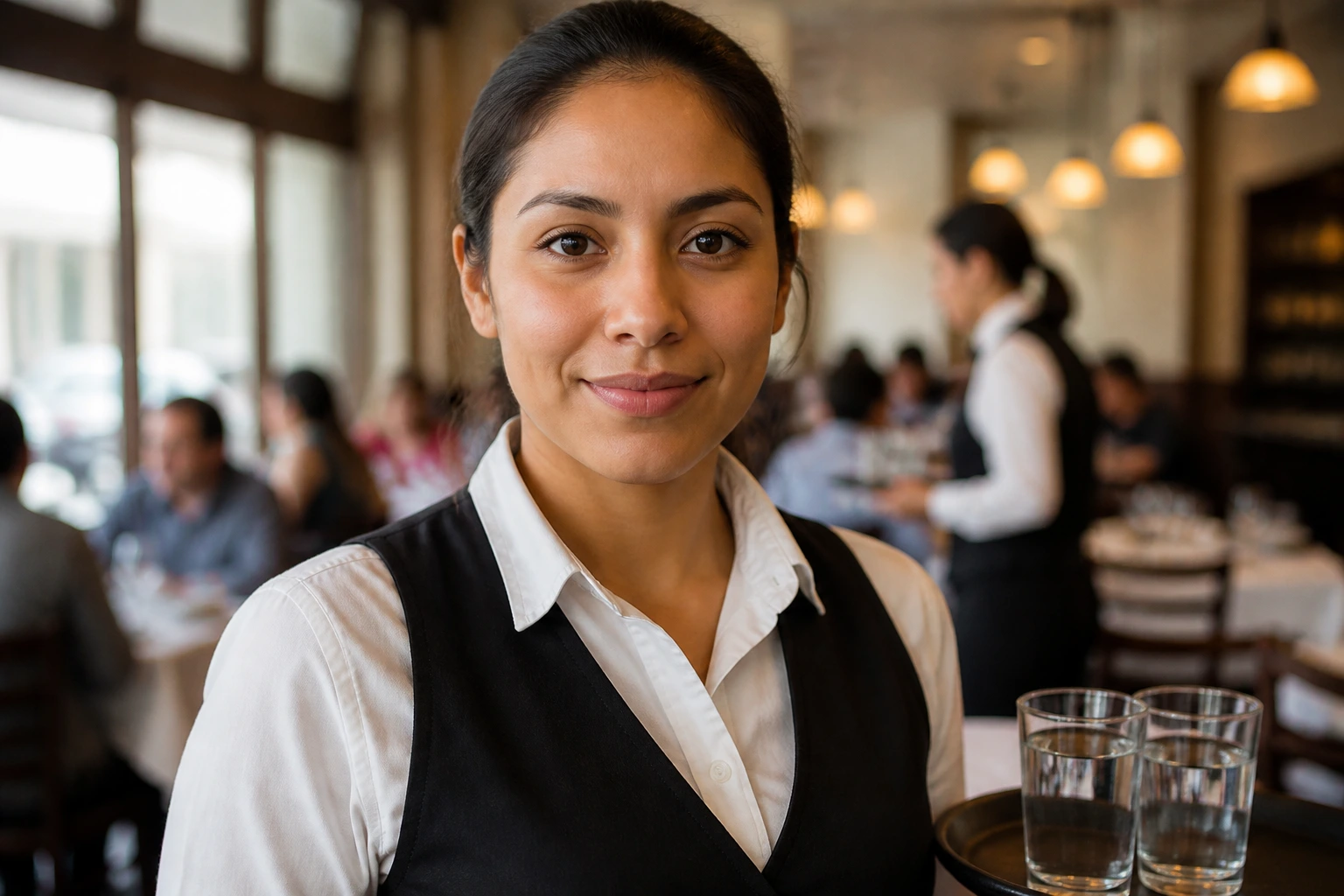 Close-up portrait of a real restaurant server in uniform representing workers rights in a dining room setting.