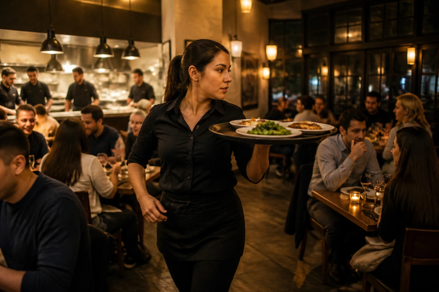 Server carrying a tray in a busy dining room during a shift
